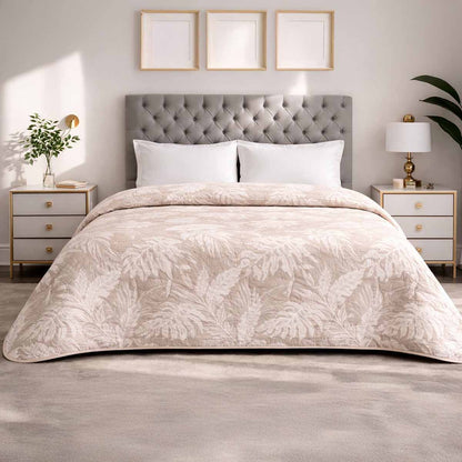 Trapuntino Matrimoniale 260x260 cm Double Face Jacquard Golden Leaves – Copriletto Beige Elegante con Foglie