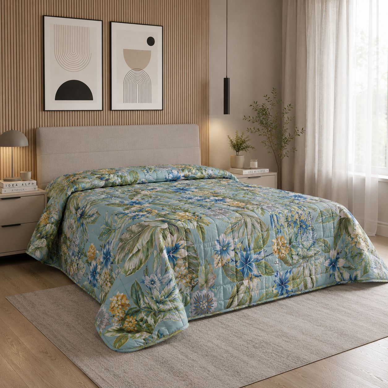 Trapuntino Matrimoniale “Blue Paradise” 260x260 cm Double Face in Microfibra Effetto Seta
