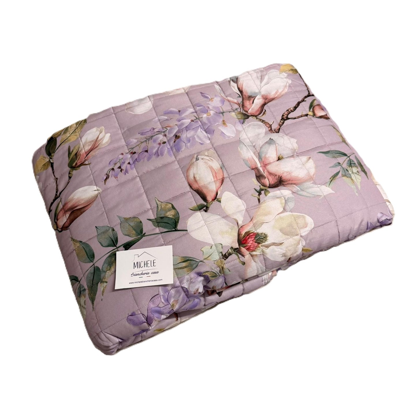 Trapuntino Matrimoniale con stampa digitale “Magnolia Lilac” 260x260 cm Double Face in Microfibra Effetto Seta