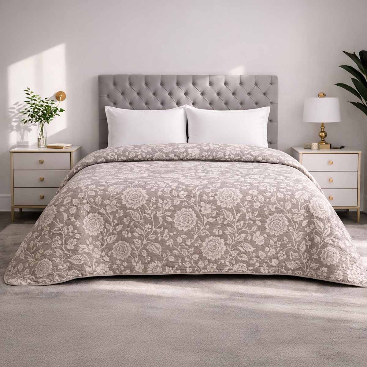 Trapuntino Matrimoniale 260x260 cm Double Face Jacquard Natural Grace – Copriletto Beige Floreale Elegante