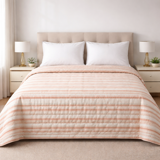 Trapuntino Matrimoniale Double Face Righe e Fiori Pesca 250x250 cm in Microfibra