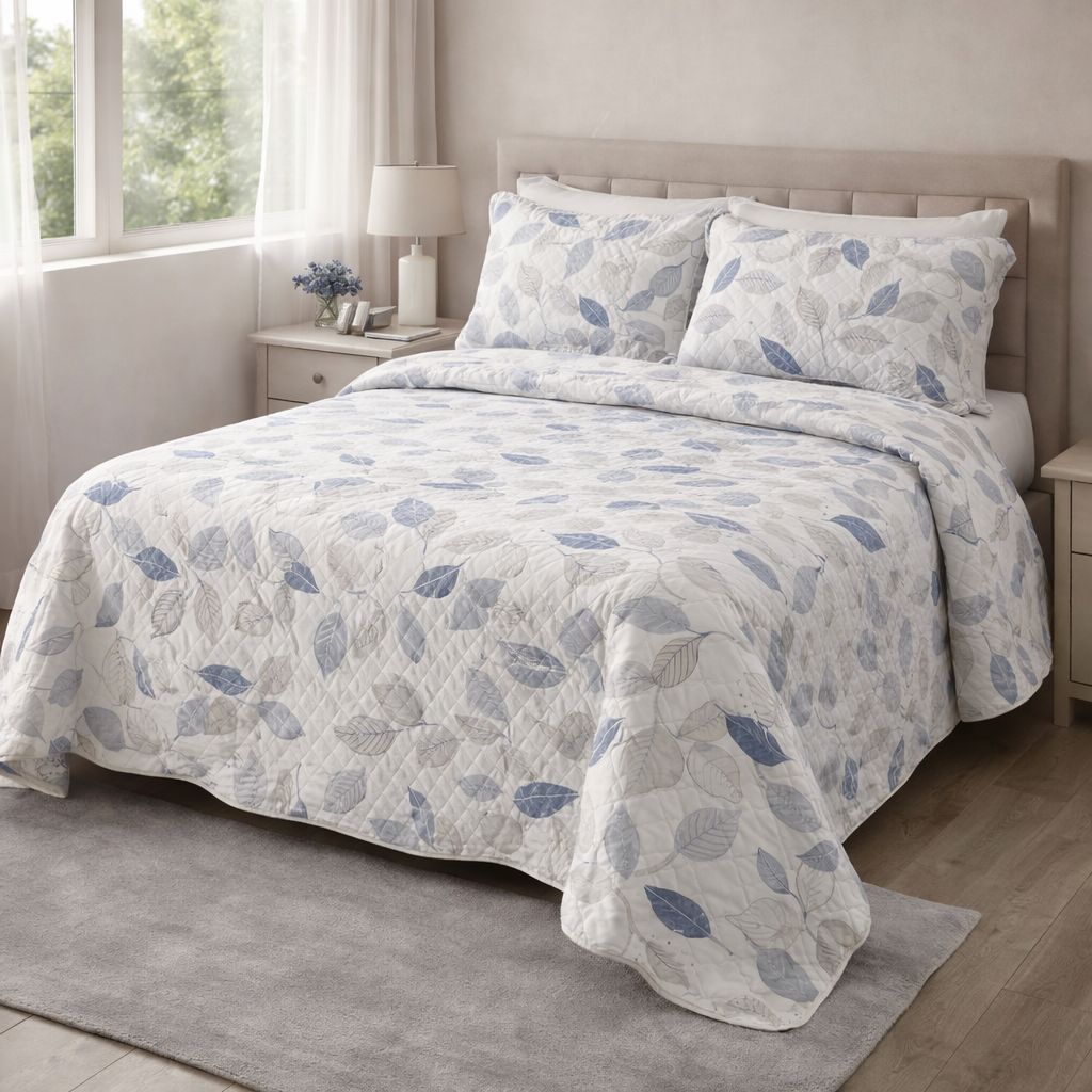 Trapuntino Matrimoniale Foglie Blue Botanical – Copriletto Trapuntato Mezza Stagione in Microfibra