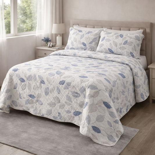 Trapuntino Matrimoniale Foglie Blue Botanical – Copriletto Trapuntato Mezza Stagione in Microfibra